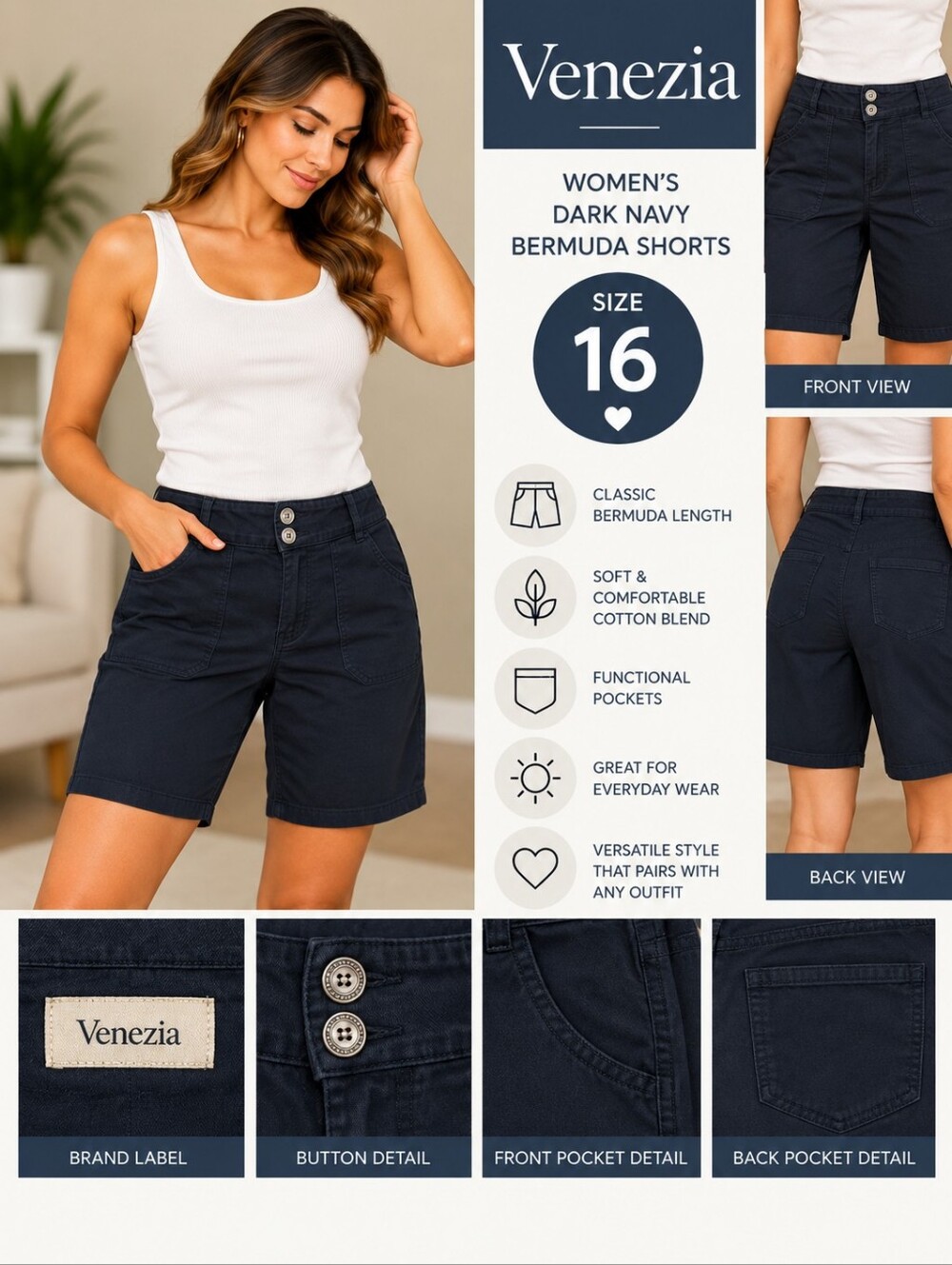 Venezia Women's size 16 dark navy bermuda shorts #31